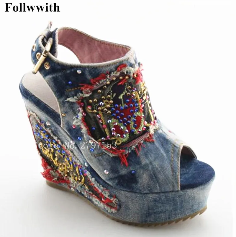 

2018 Newest Buckle Rome Wedges Sandals Women Shoes Beading Denim Sandals High Heels Platform Summer Plataforma Stone Flower