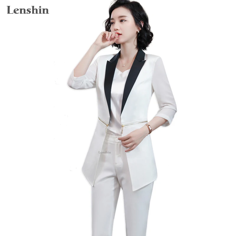 

2 Pieces Set Pant Suit Summer Wear Formal Fashion Style Women Office Lady Work Three Quarter Perspective Jacket with Trouser