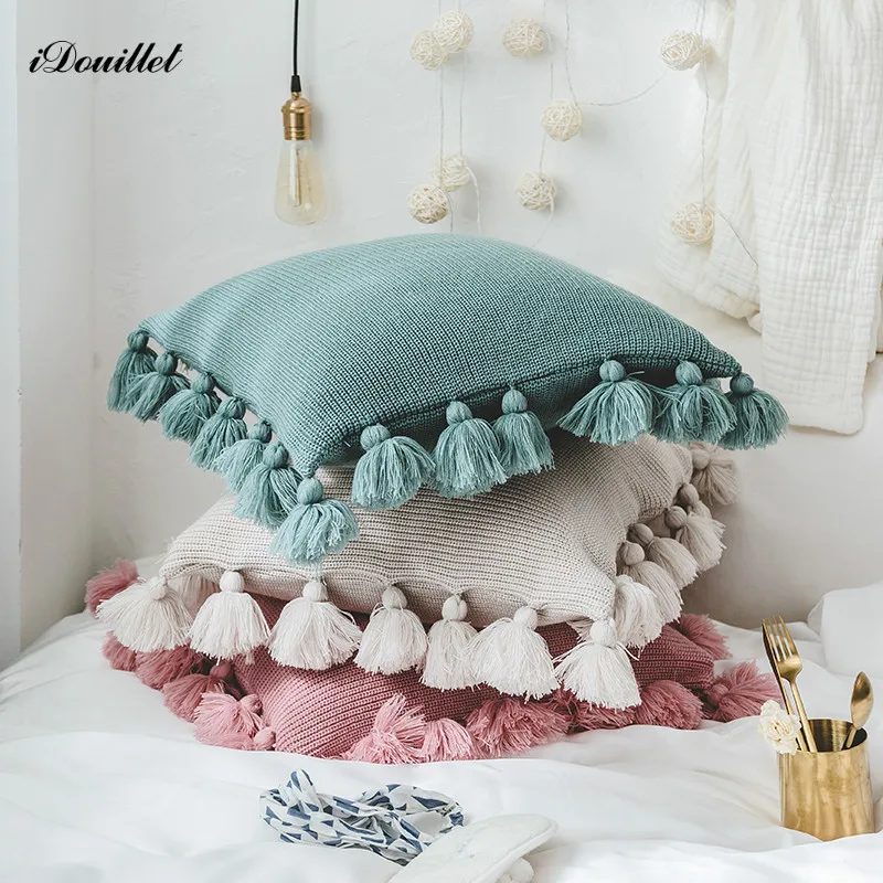 

iDouillet Decorative Knitted Throw Pillow Case Bed Fall Cushion Cover with Pompoms Tassels Square 18"x18" Pink Green Beige