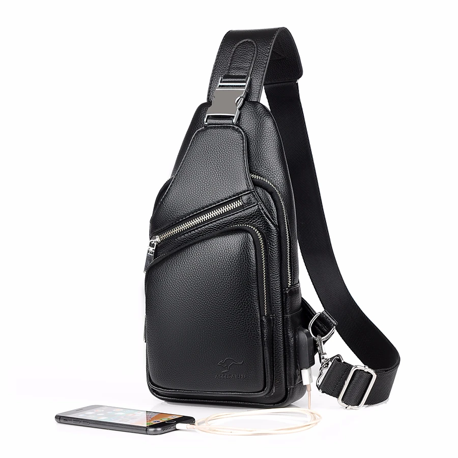 2018 Jackkevin الأزياء حقيبة كتف للرجال مضاد للسرقة أسود جلد رجل حقيبة صدر للرجال USB شحن Crossbody حقائب السفر حقيبة