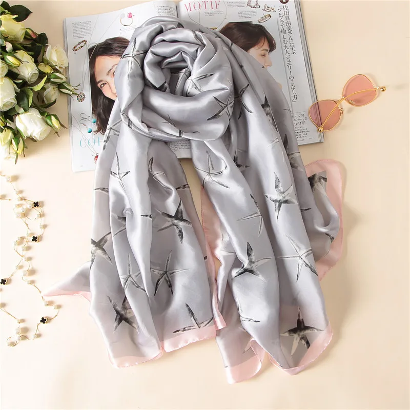 

[Visual Axles] 2017 Summer and Autumn New Fashion Women Print Cute Starfish Soft Foulard Silk Scarf SFN118