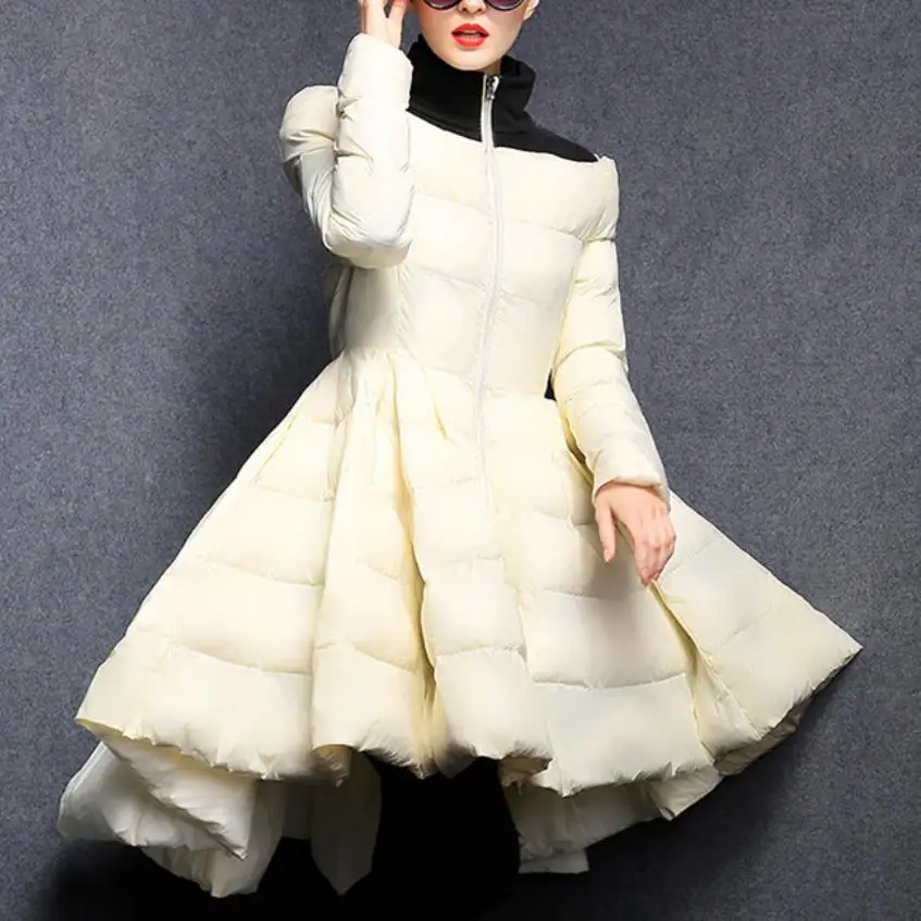 

Pleated Women Winter Down Jackets 2019 New Fashion stand collar Slim Warm Long Coat Female Big Swing Ladies Outwear
