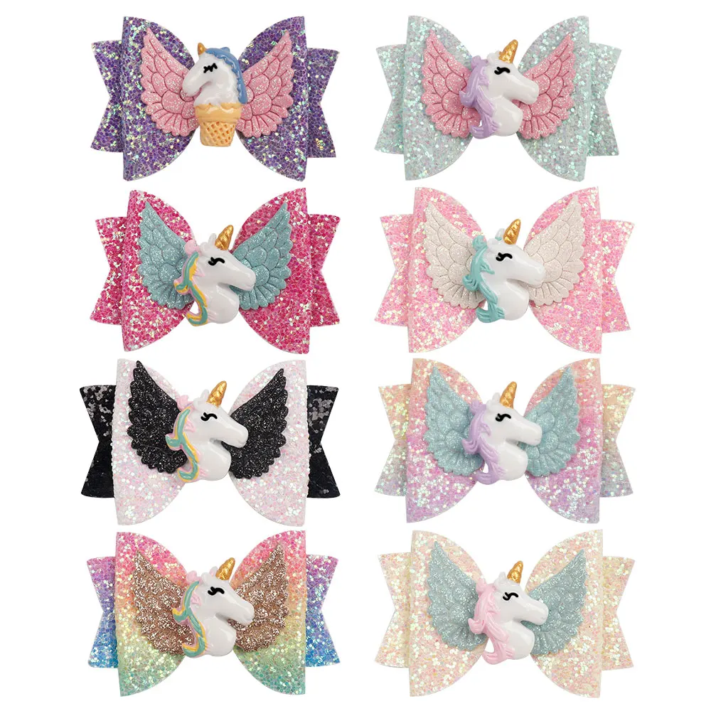 

3 Inch Hair Bows for Girls Shiny Rainbow Glitter Hair Clips Cute Unicorn with Wing Hairpins Barrettes for Kids Hair Accessories
