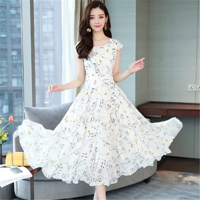 

Chiffon Dress Women Summer Short Sleeve Floral Print Boho Dress Slim Vacation Asymmetry White Dresses Elegant Vestidos