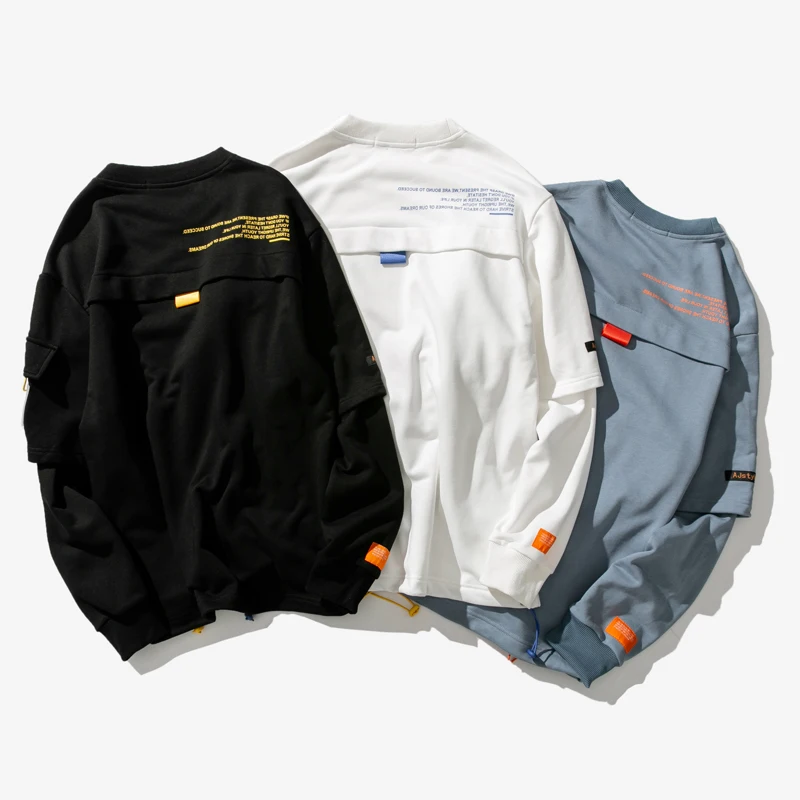

Cotton Fake Two Pieces Printed Men's Sweatshirts Patch Designs Mens Hoodies Male Loose Casual Round neck Hoodie Streetwear