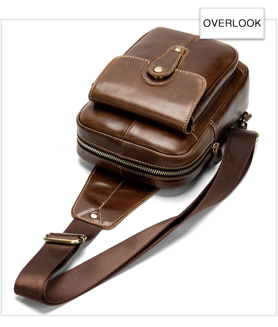 14 Men's Chest Bag Leather Crossbody Shoulder Bag for Men Vintage Chest Pack Male Travel Organizer Coffee Flap Sling Bags