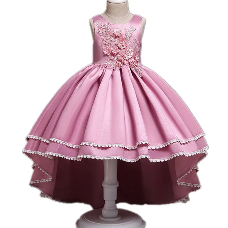 Летнее высококачественное новое атласное детское платье для подиума со шлейфом для девочек платье принцессы с вышивкой и аппликацией платье с кружевной каймой