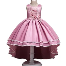 Летнее высококачественное новое атласное детское платье для подиума со шлейфом для девочек платье принцессы с вышивкой и аппликацией платье с кружевной каймой