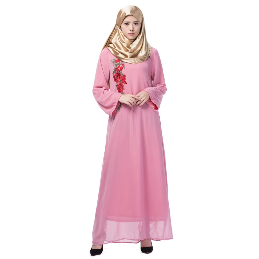 Fashion Chiffon Flowers Embroidery Opaque Muslim Women Maxi Dresses Elegant Malaysia Abaya