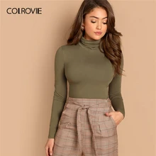 COLROVIE армейский зеленый однотонный приталенный Повседневный Топ с высоким воротом для женщин Весенняя Базовая рубашка с длинным рукавом сексуальные офисные женские топы