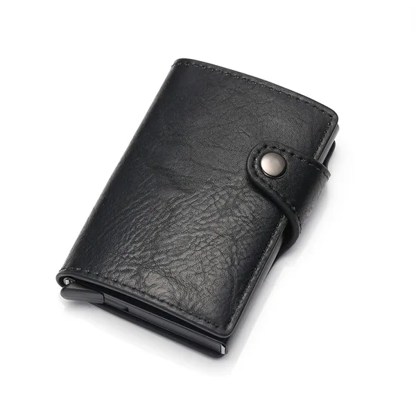 GODOMON, новинка, мужской Противоугонный металлический держатель для карт, модный RFID Алюминиевый держатель для кредитных карт, кожзам, кошелек для путешествий - Цвет: Черный