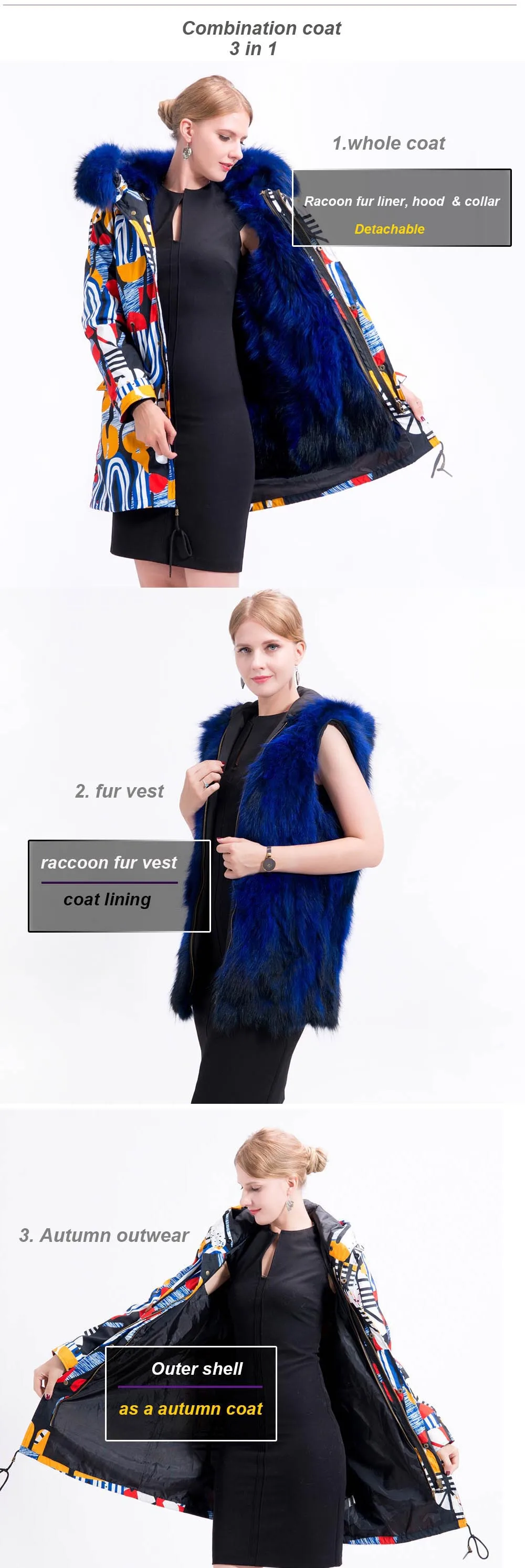 real fur coat 3in 1