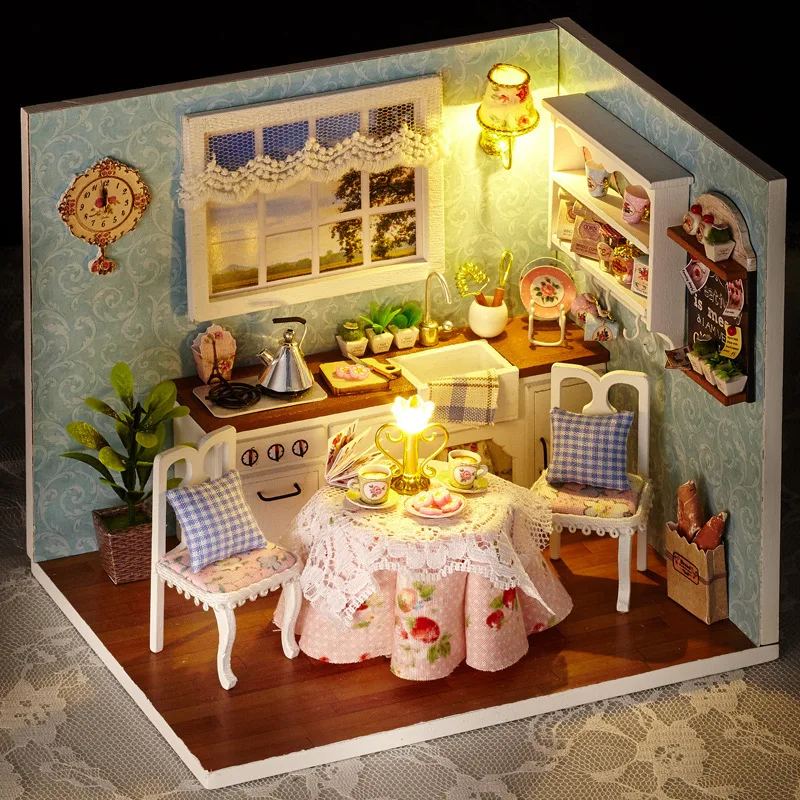 Дети Рождество/подарок на день рождения DIY деревянный кукольный дом игрушки кукольный домик миниатюрная коробка комплект ручной работы кукольный домик кухонная модель