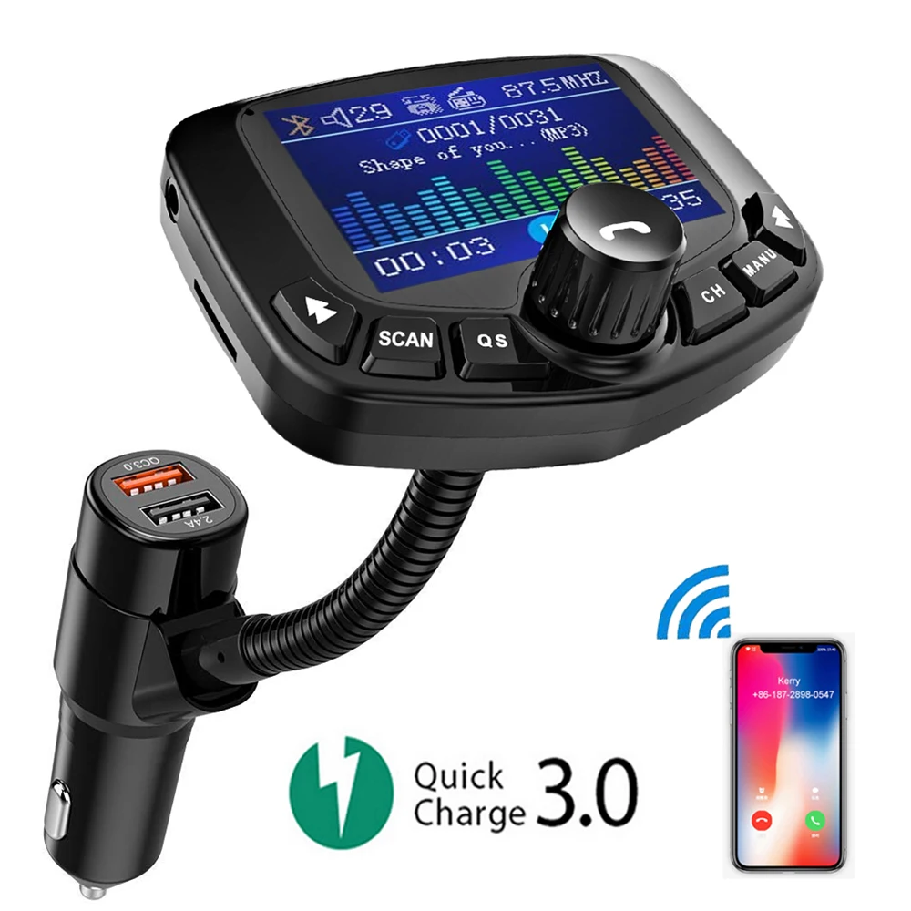 

JINSERTA 1.8" Large Screen Bluetooth FM Transmitter Kit Car MP3 Player 3 USB Port QC3.0 Fast Charger AUX FM Modulator Handfree