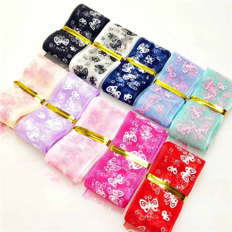 

5meters/lot 25mm Cartoon Butterfly Ribbons Printed Organza Ribbon Tape for Needlework DIY Gift wrapping Decoration