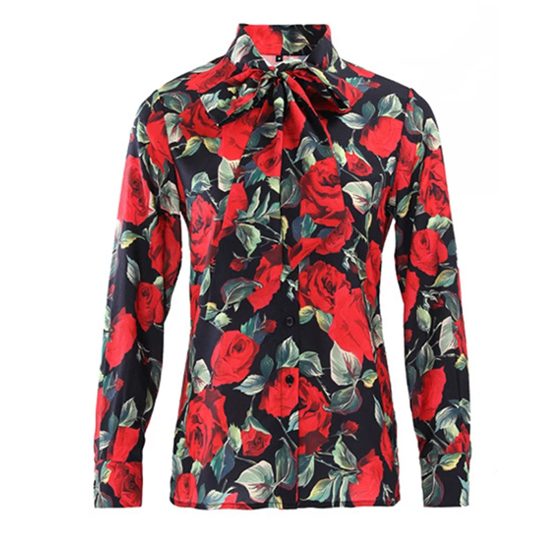 

Newest Summer Fashion 2019 Runway Designer Blouse Shirt Women's Long Sleeve Lacing Bow Collar Rose Floral Printed Shirt Tops