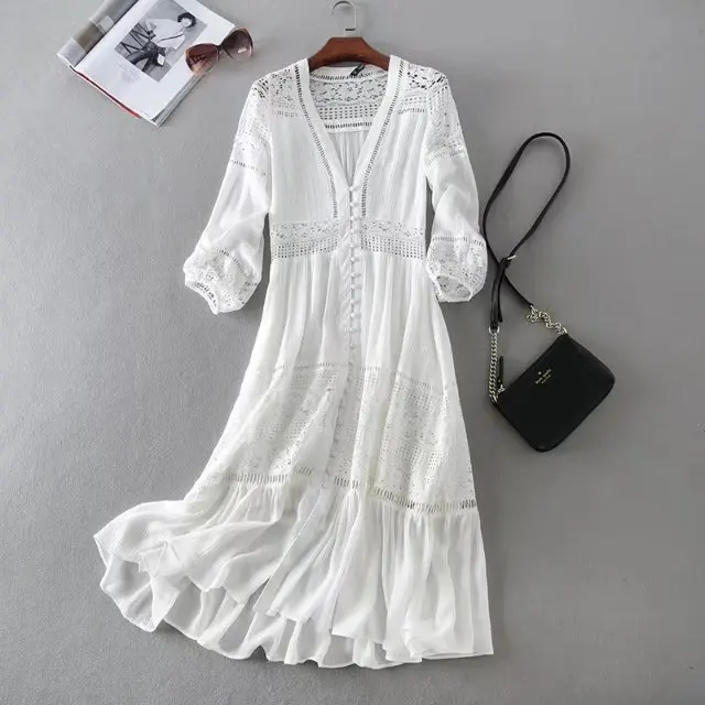 

Sweet Fairy Lace hollow out v-neck A-Line dress mori girl 2018 summer