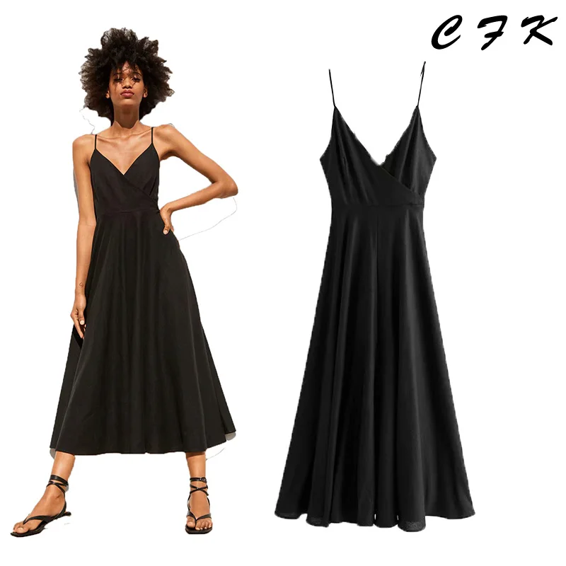 Женское платье mididress 2019 Новая мода без рукавов однотонное с v образным вырезом