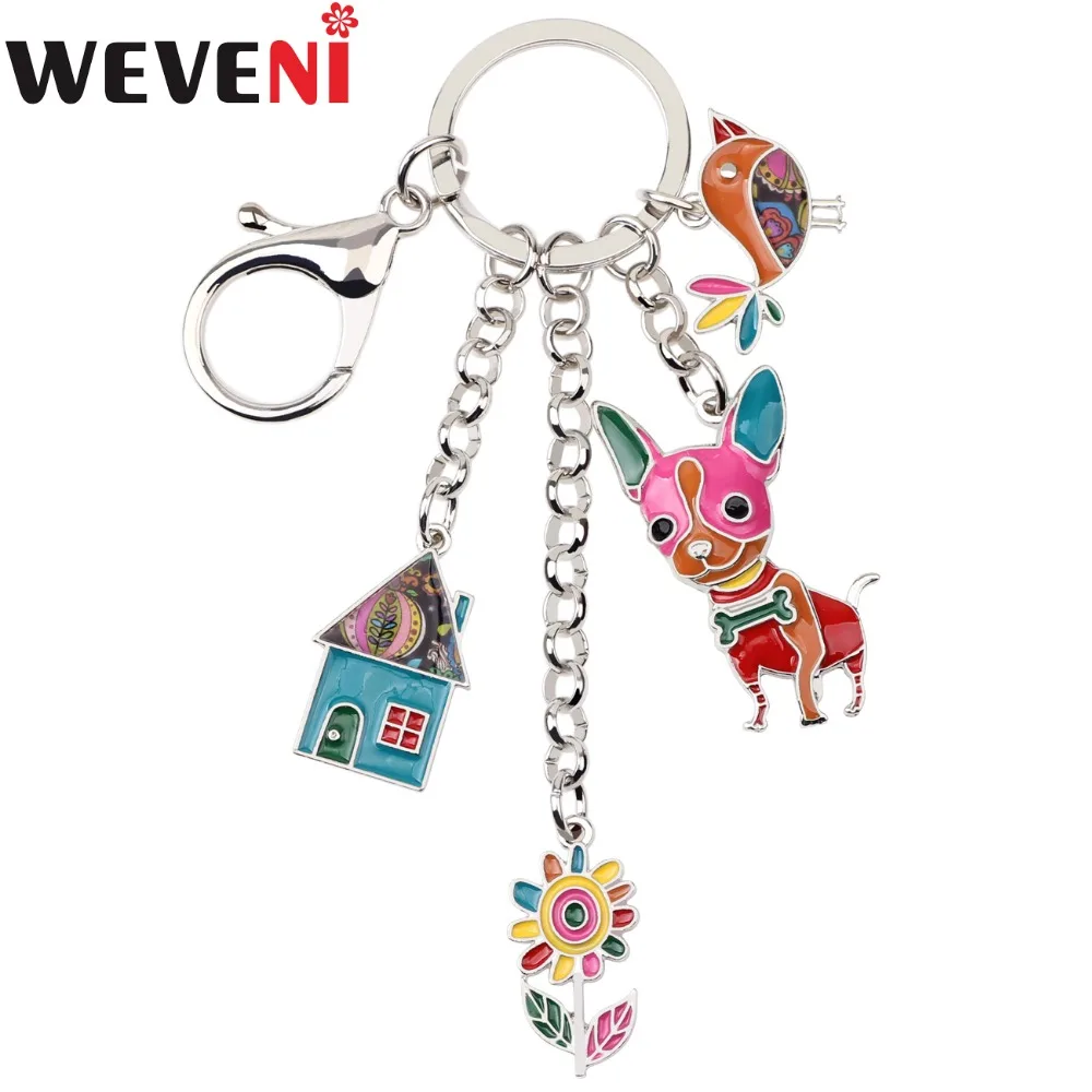 

WEVENI Enamel Metal House Flower Chihuahua Dog Chicken Hangs Key Chain Key Ring For Women Man Key Holder Jewelry Accessories