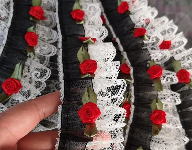 5 см в ширину 3D Красная роза черный эластичный плиссированный шифон кружево вышивка ткань отделка ленты DIY швейная аппликация воротник гипюр поставка