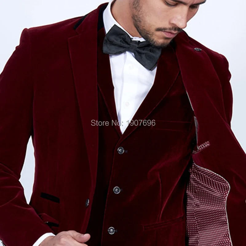 Burgundy Velvet Men Suits 2018 Slim Fit 3 Piece Blazer Tailor Made Wine Red Groom Prom Party Tuxedo Jacket Pants Vest