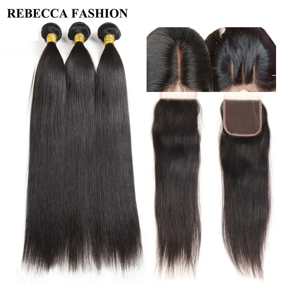 Rebecca Malaysian Straight Human Hair Bundles with Closure Virgin Hair