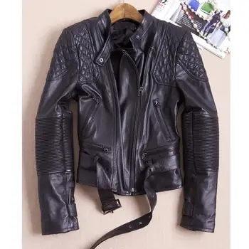 

2019 Autumn PU Leather Jacket Women Motorcycle Short Leather Biker Coat Logn Sleeve Stand Collar With Belt r1413