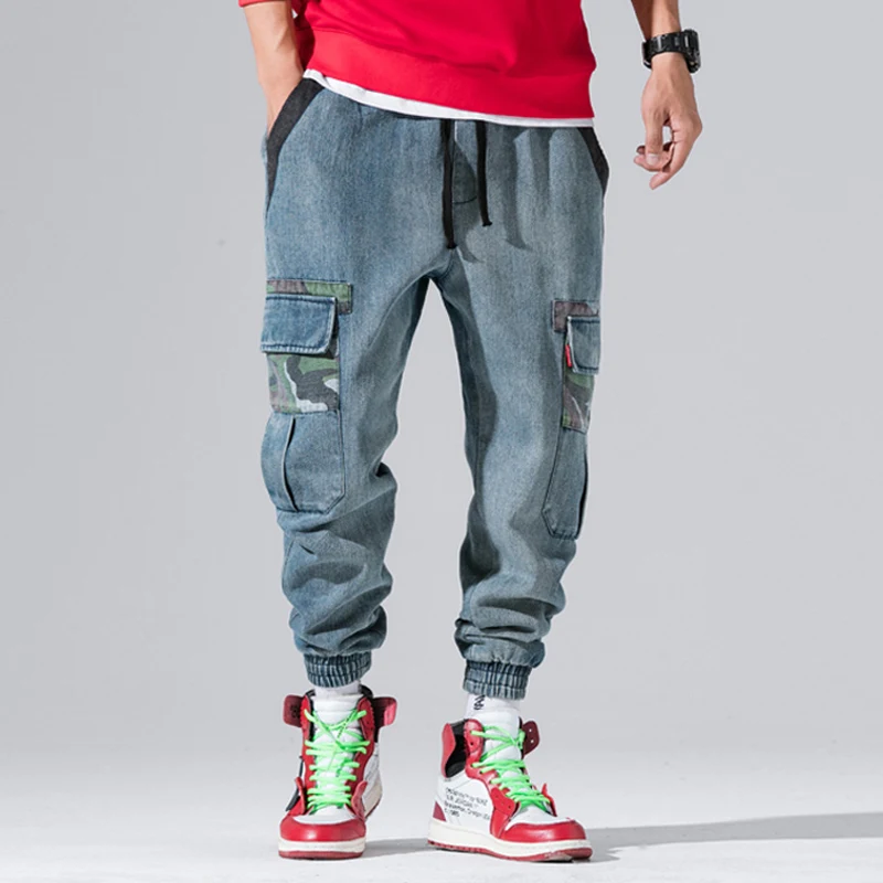 

Big Pocket Fashion Men Jogger Jeans Blue Color Loose Fit Tapered Pants Camouflage Military Style Cargo Pants Hip Hop Jeans Men