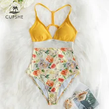 CUPSHE желтый гранатовый цветочный принт, Цельный купальник, сексуальный женский Монокини, пляжная одежда, пляжный купальный костюм для девочек, купальник