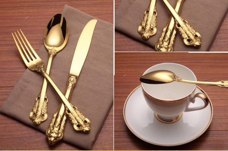 4 шт. роскошный золотой набор столовых приборов, столовый нож для стейка, столовый нож, вилка, чайная ложка, золотой набор посуды, кухонная посуда, столовые приборы, свадебный подарок