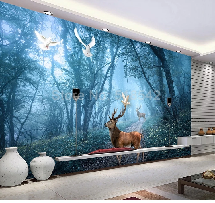 На заказ любой размер фото обои дремучий лес птица Лось Фреска гостиная диван ТВ фон настенная живопись 3D Пейзаж Плакат