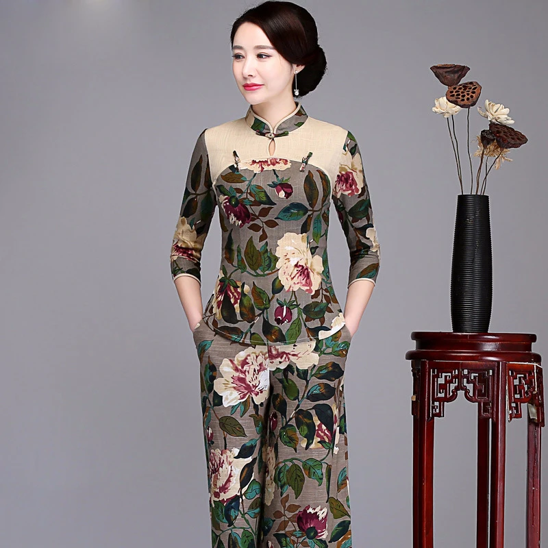 Women Print Flower Chinese Vintage Linen Blouse Casual Three Quarter Sleeve Shirt 2022 New Mandarin Collar Clothing M-4XL