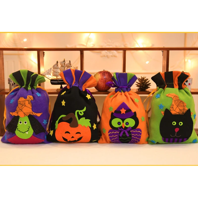 

1pc Candy Bags Drawstring Cookies Candy Storage Bag Halloween Decor Pumpkin Witch Cat Owl Portable Flannelette New Arrival
