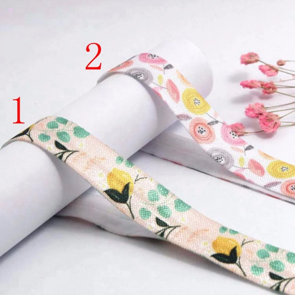 

100yards/lot 5/8" heat transfer yellow flower flora printed foe fold over elastic for girls hair ties accessories wholesale