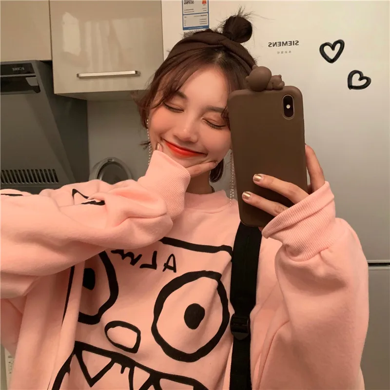 ATKULLQZ New Little monster sweatershirt Korean version plus velvet thick coat student lazy clothes college winter Sweatshirts