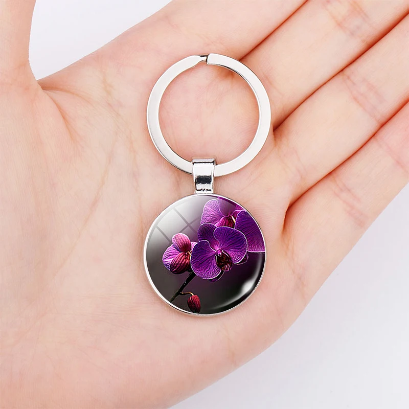 Purple Orchid Keychain Nature Gem Pendant Art Flower Glass Dome Keyring