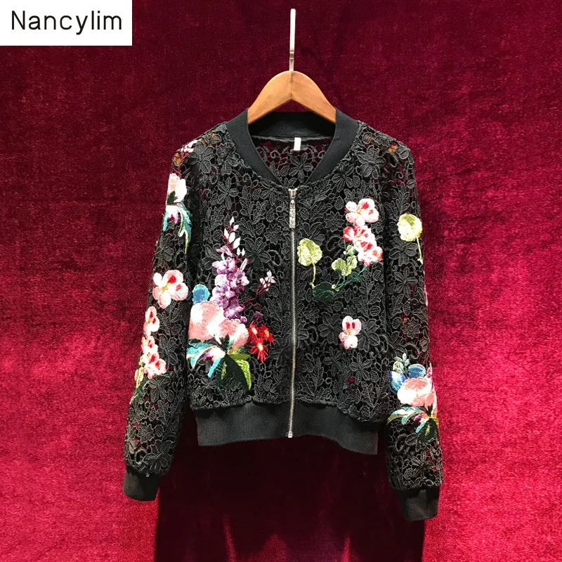 

New Spring Autumn Embroidery Lace Jacket Women Long Sleeve Flower Embroidery Zipper Jackets Girls Ladies Short Coat Girls Coats