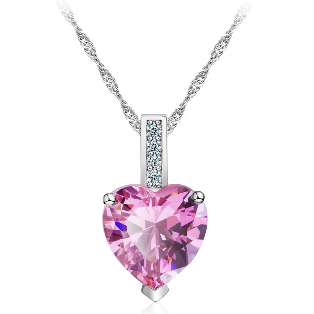 Shiny side Simple Style Crystal Heart shaped Gem Necklace Women Silver