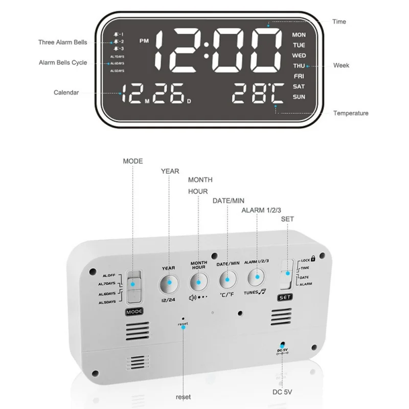  LED Digital electrónico Nixie reloj USB carga gran número pantalla despertador reloj espejo tempera
