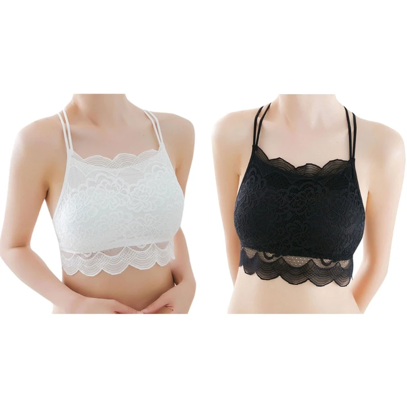 

Womens Sexy Floral Lace Bra Criss Cross Back Bralette Scalloped Trim Strappy Top
