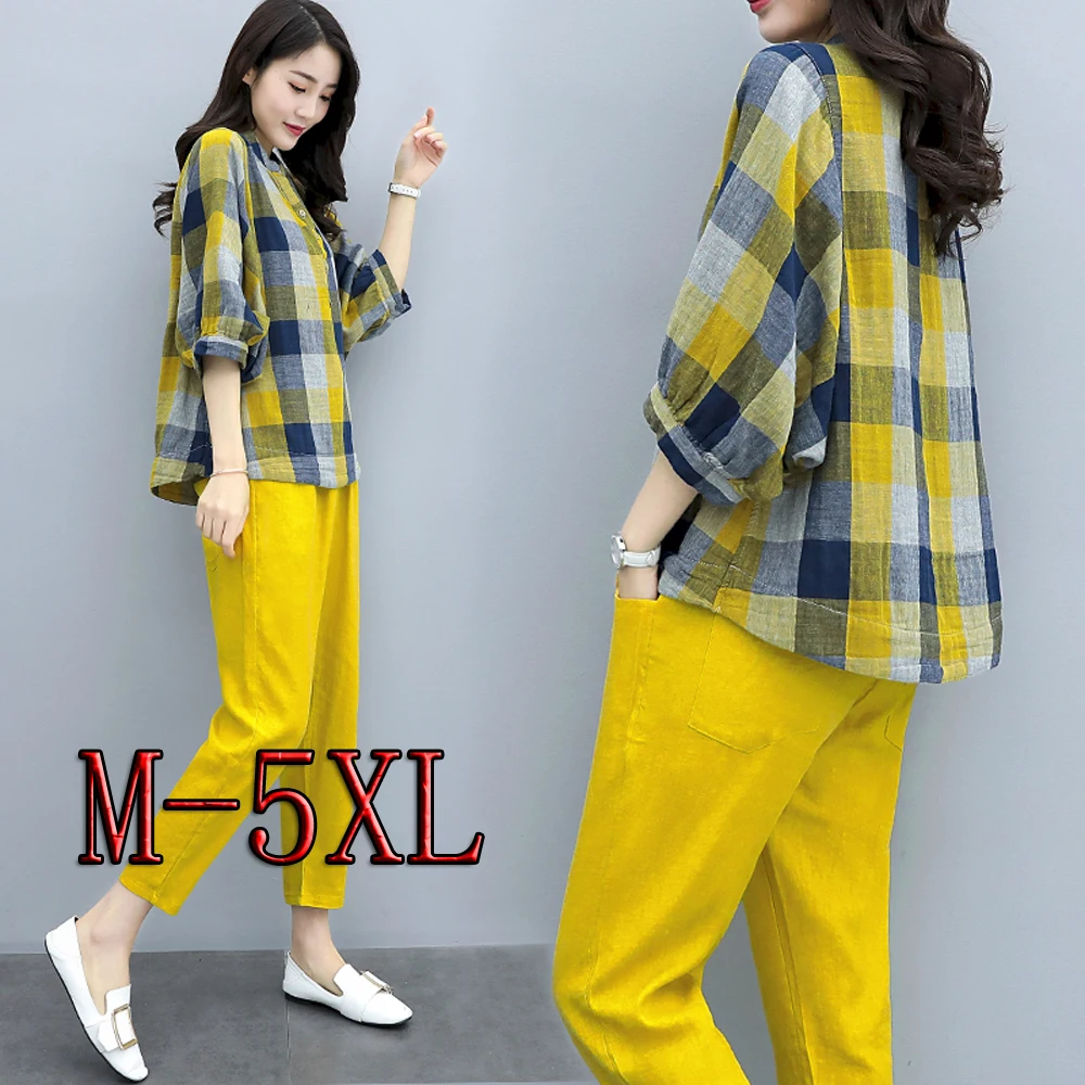 Корейская клетчатая Одежда большого размера плюс, M-5XL, желтого цвета, Женский комплект из двух предметов, летняя одежда, фестивальный Топ, брючный костюм