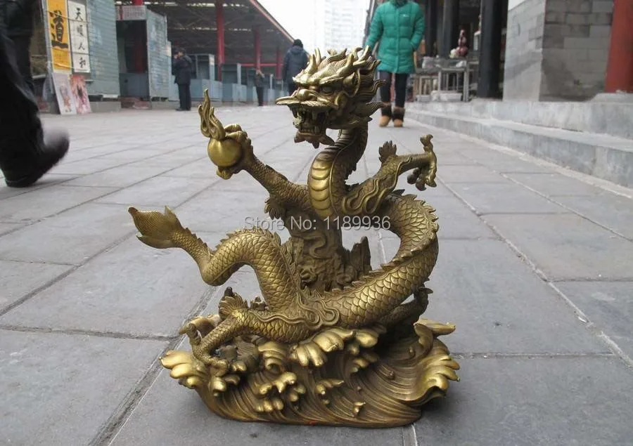 

13"China Pure Brass exquisite carved Fly God Dragon Play Bead Statue