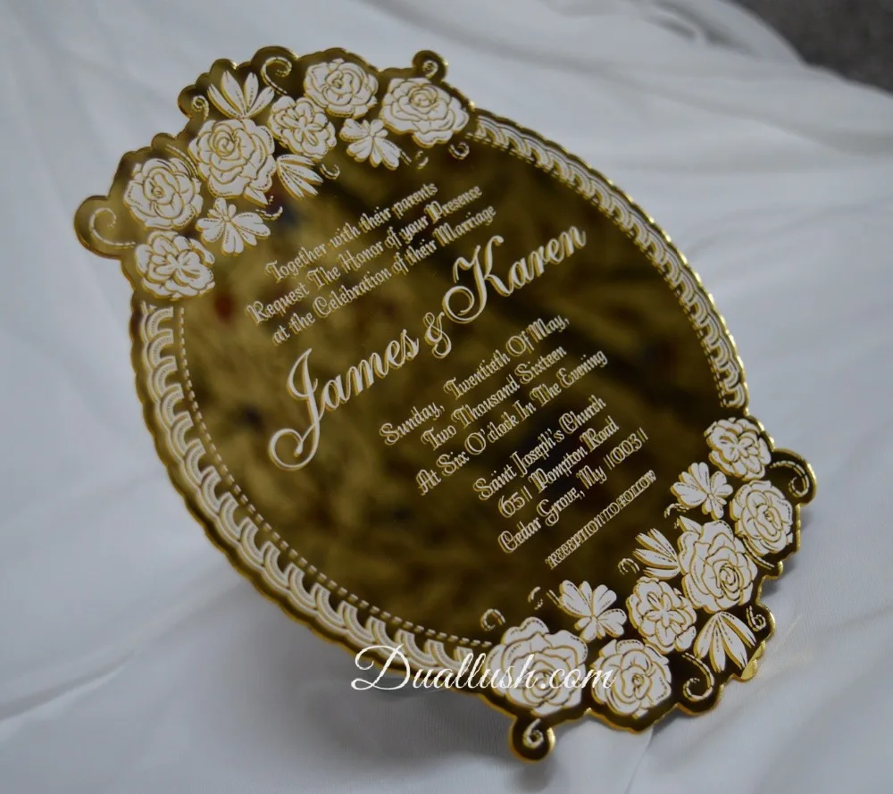 Flower Wedding Acrylic invitation cards, Laser Engraved Mirror Acrylic Wedding,Mirror sliver or mirror, personalize invitation