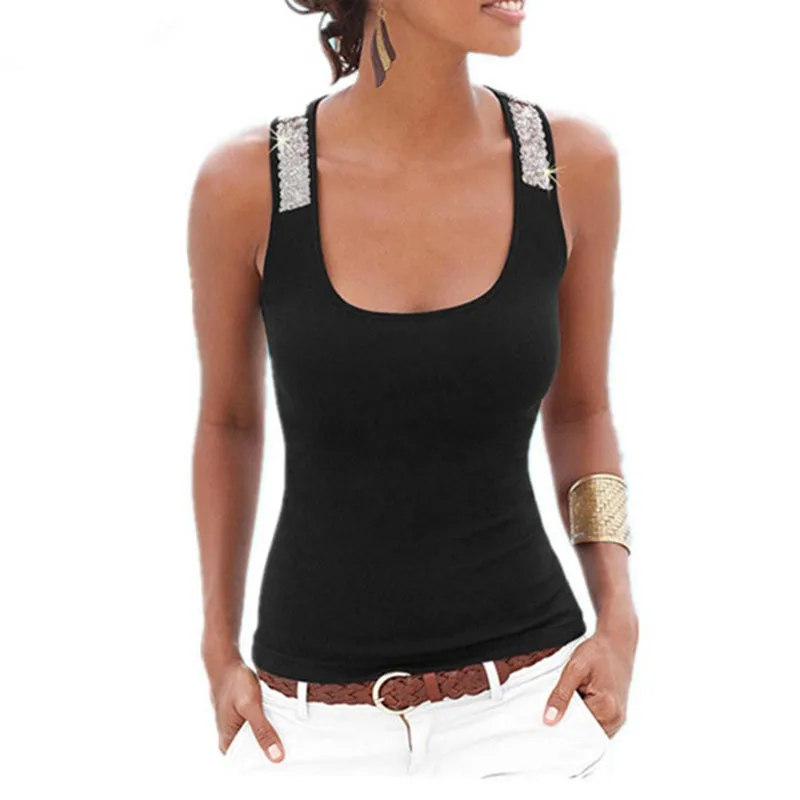 

New Women Summer T Shirt Casual Sexy Slim Sequined Patchwork Black Blue Tank Tops Plus Size O-Neck Ladies Vest T Shirt Top Blusa