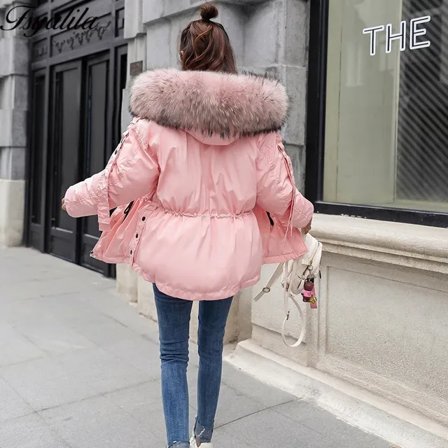 Pink Winter Jacket Women Fur Hood Coat Winter Warm Parka Big Fur Down