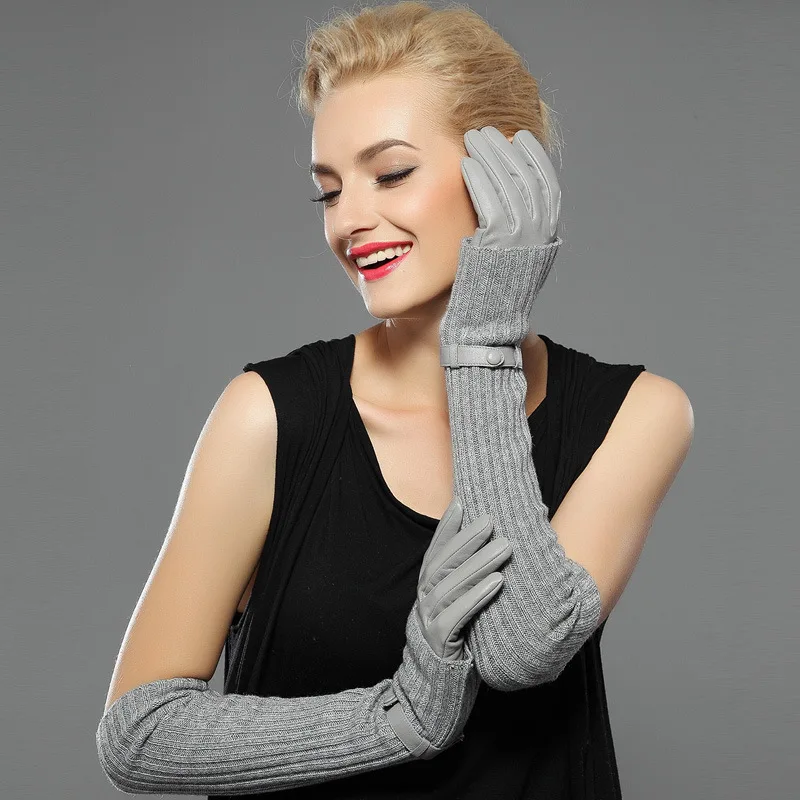 

Women Winter Gloves Real Leather Sheepskin Wool Gloves Knitted Design Sleeves Fashion Warm Ladies Gloves Soft Outdoor Driving