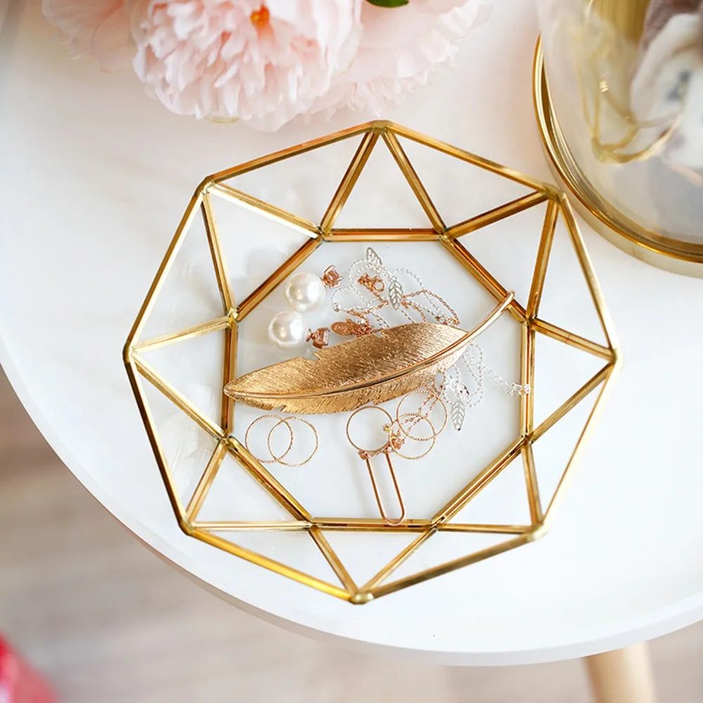 

Nordic Glass Storage Tray Gold Jewelry Cosmetics Ornaments Retro Handmade Octagonal Brass Edging Jewelry Storage Tray