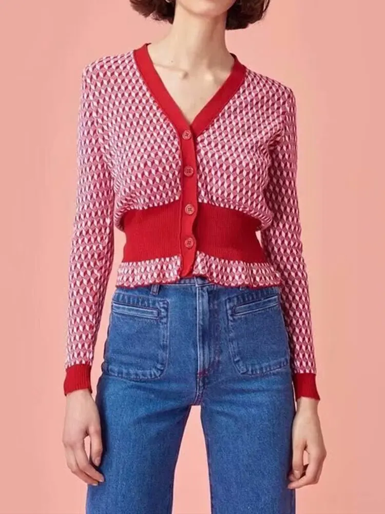 

2019 New autumn Women knitwear French Retro plaid print short cardigan V-neck waist long sleeve shirt blouse and tops with butto