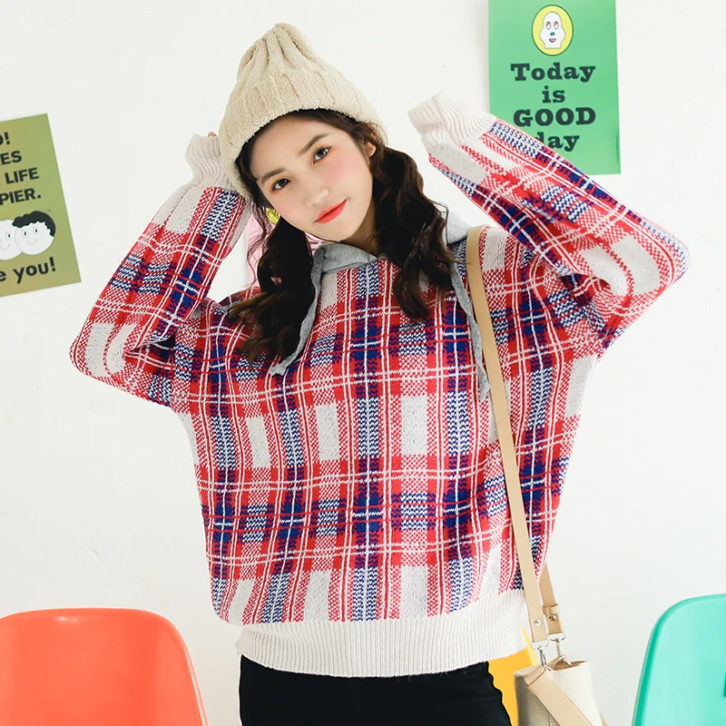 

women's Casual sweaters japanese kawaii Ulzzang Loose plaid padded pullover female korean harajuku cute clothing for women