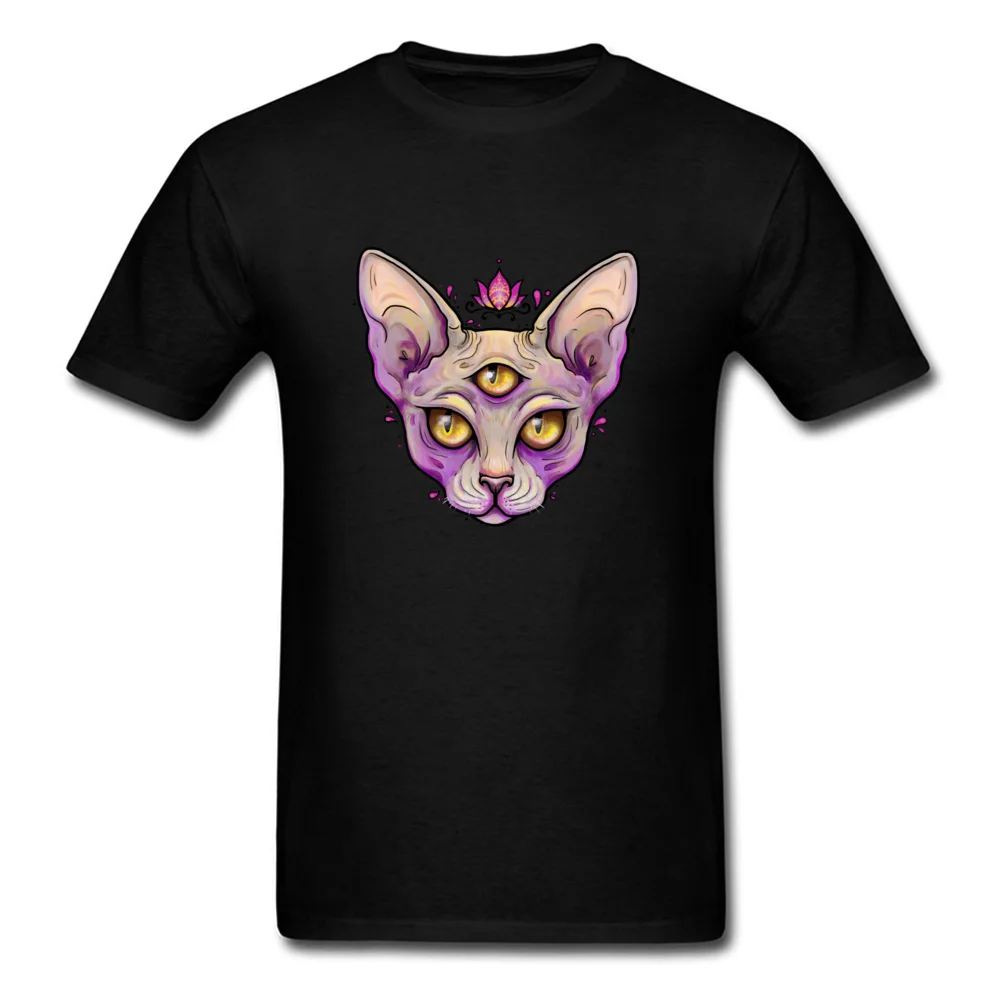 Terzo Occhio Sphynx Unico Canadese Hairless Cat Print Uomo T-Shirt Nera Lotus Cartoon Animal Manica Corta Top Tees